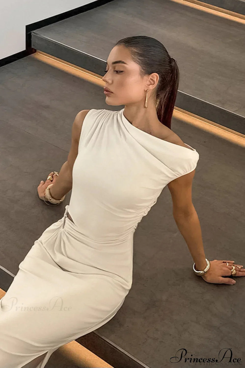 Off Shoulder Beige Ruched Bodycon Elegant Maxi Dress image 4