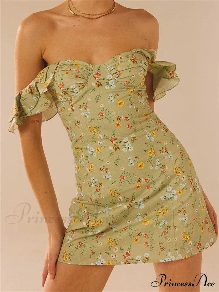 Off Shoulder Casual Sleeveless Floral Print Ruffle Trim Mini Dress image 5