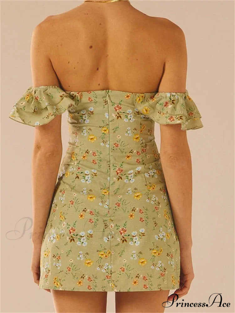Off Shoulder Casual Sleeveless Floral Print Ruffle Trim Mini Dress image 4