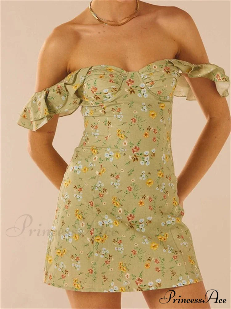 Off Shoulder Casual Sleeveless Floral Print Ruffle Trim Mini Dress image 2