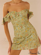 Off Shoulder Casual Sleeveless Floral Print Ruffle Trim Mini Dress image 1