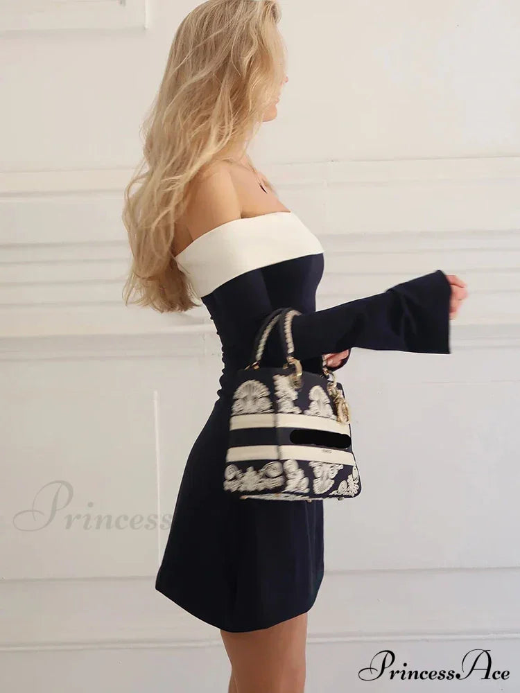 Off-Shoulder Colourblock Long Charming Sleeve Mini Dress image 9