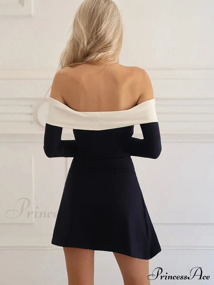 Off-Shoulder Colourblock Long Charming Sleeve Mini Dress image 3