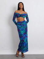 Off-Shoulder Crop Top High Waist Long Floral Skirt image 1