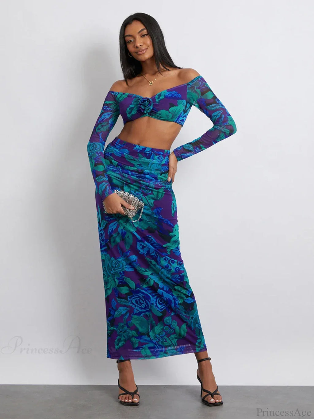 Off-Shoulder Crop Top High Waist Long Floral Skirt image 4