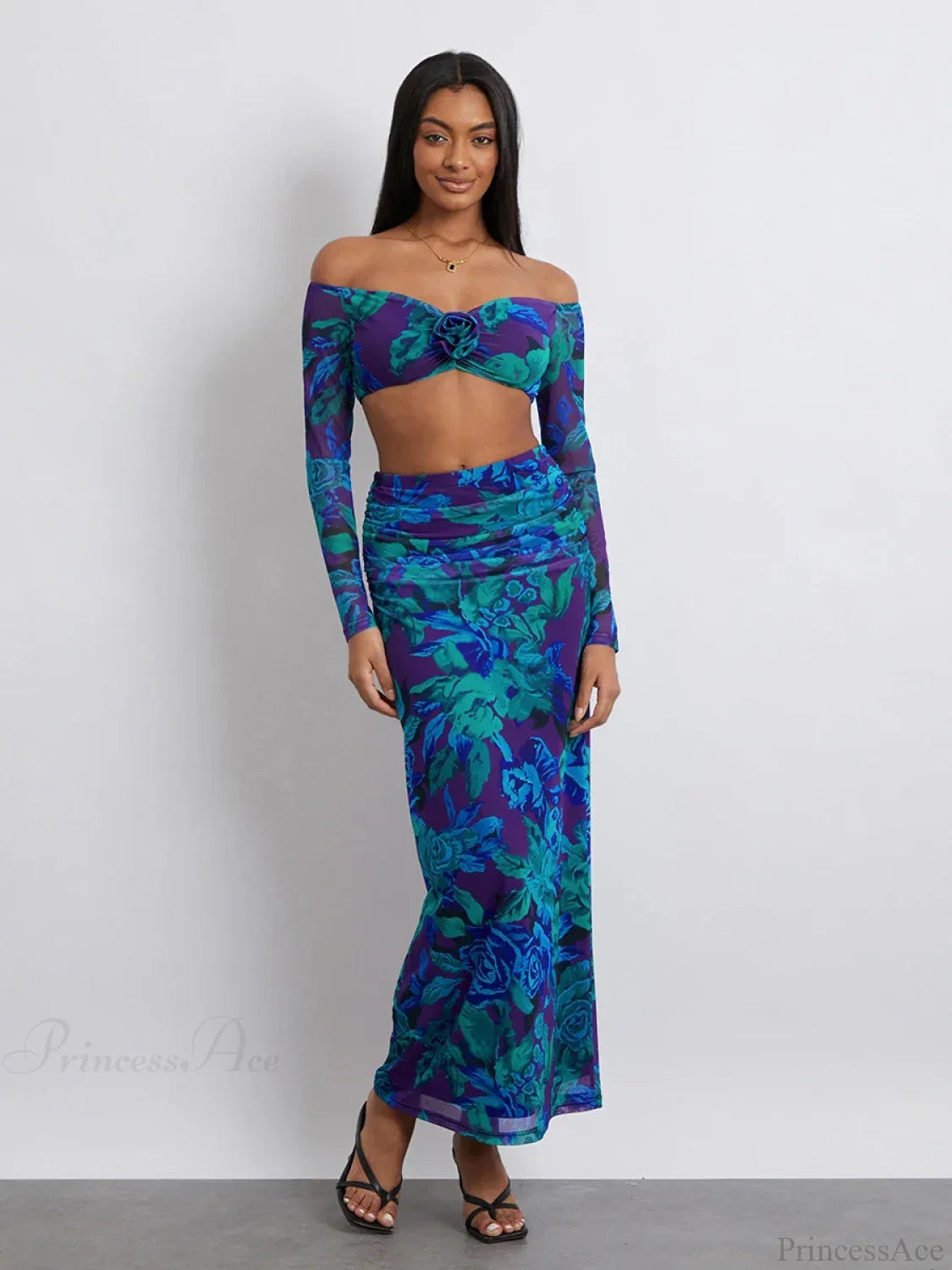 Off-Shoulder Crop Top High Waist Long Floral Skirt image 6
