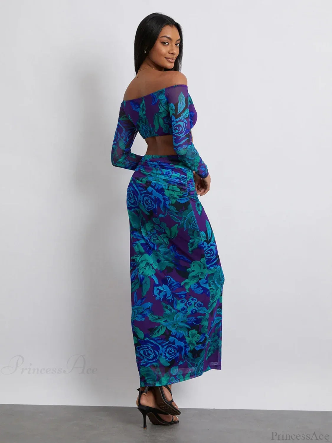 Off-Shoulder Crop Top High Waist Long Floral Skirt image 5