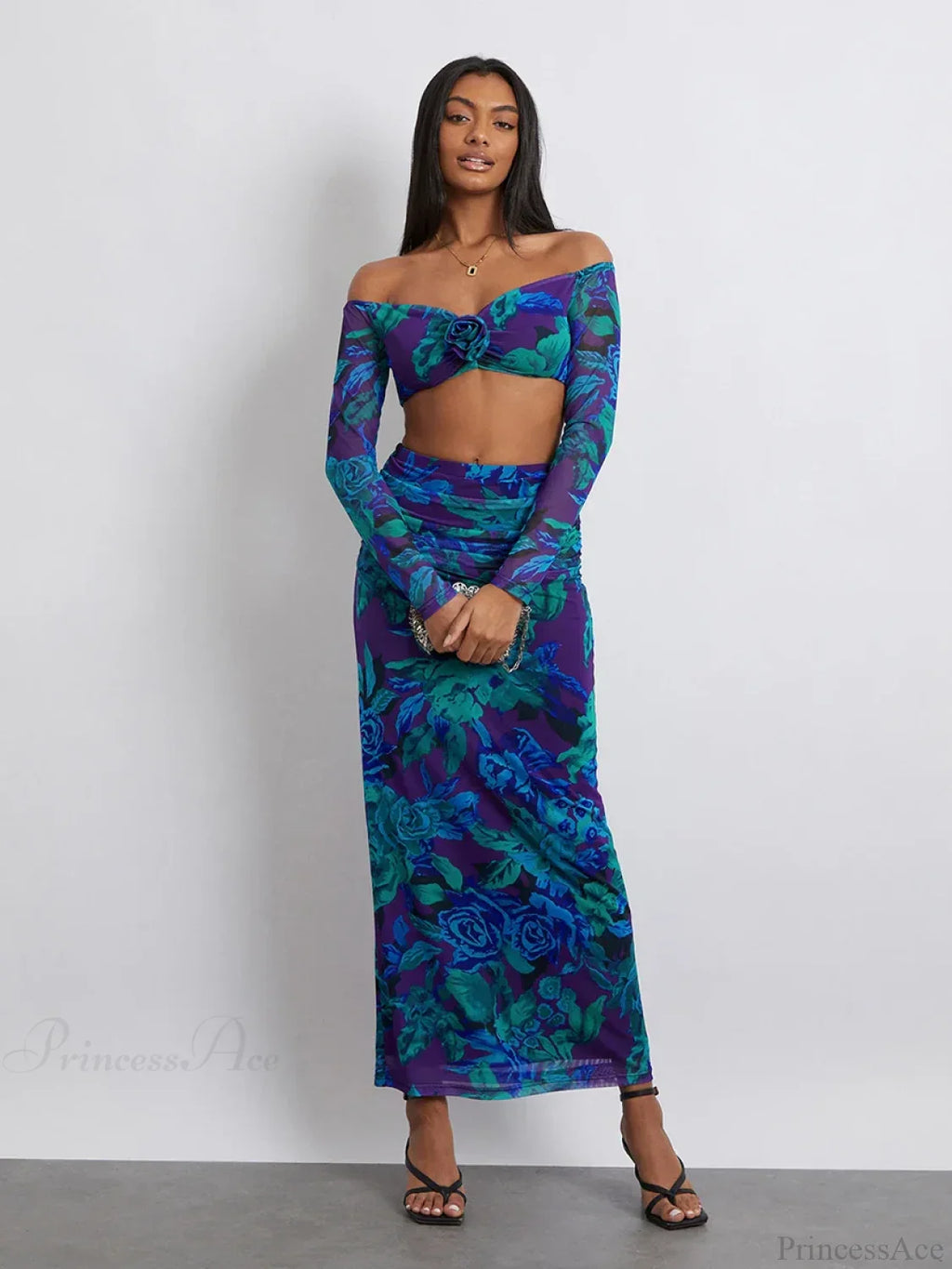 Off-Shoulder Crop Top High Waist Long Floral Skirt image 3