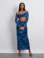 Off-Shoulder Crop Top High Waist Long Floral Skirt image 3