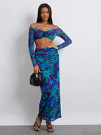 Off-Shoulder Crop Top High Waist Long Floral Skirt image 2