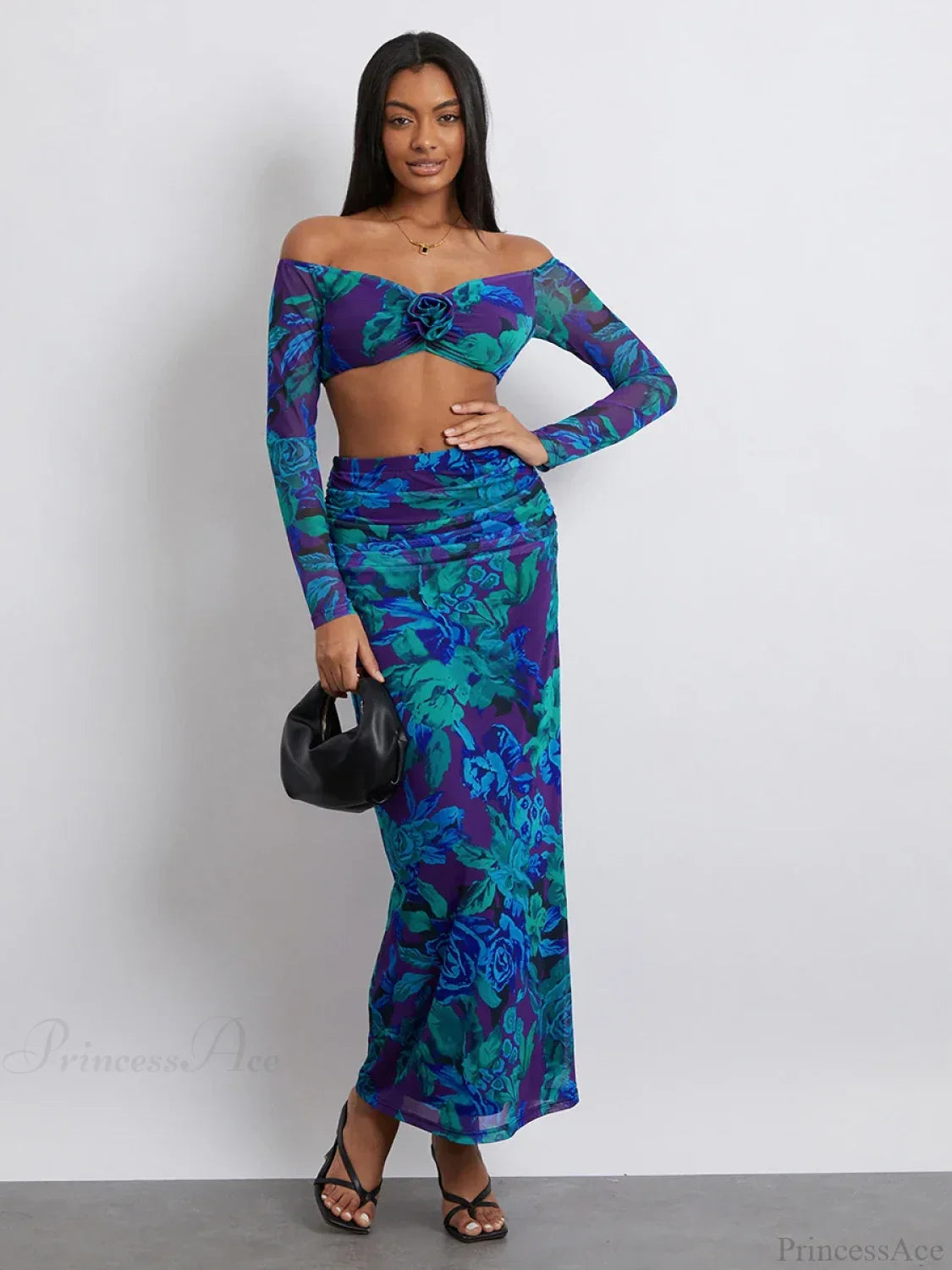 Off-Shoulder Crop Top High Waist Long Floral Skirt image 2