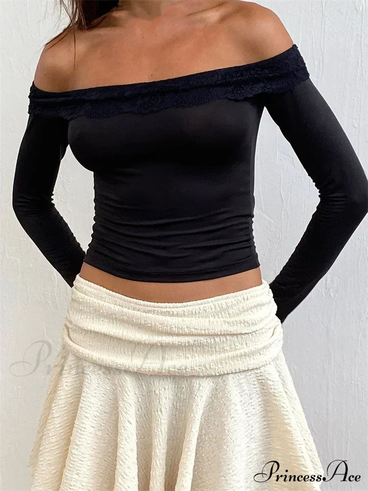 Off Shoulder Cropped Lace Patchwork Long Sleeve Slash Neck T-Shirts image 2
