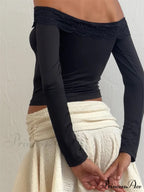 Off Shoulder Cropped Lace Patchwork Long Sleeve Slash Neck T-Shirts image 3