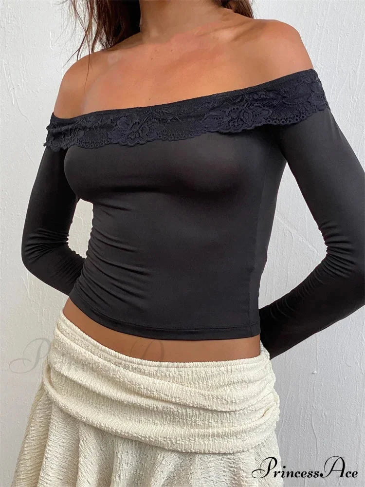 Off Shoulder Cropped Lace Patchwork Long Sleeve Slash Neck T-Shirts image 1