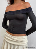 Off Shoulder Cropped Lace Patchwork Long Sleeve Slash Neck T-Shirts image 1