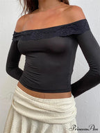 Off Shoulder Cropped Lace Patchwork Long Sleeve Slash Neck T-Shirts image 1