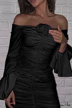 Off-Shoulder Dress with Flares Sleeves and Floral Gathered Design image 8
