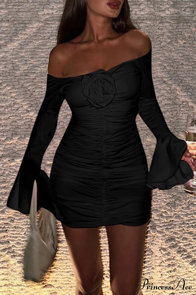 Off-Shoulder Dress with Flares Sleeves and Floral Gathered Design image 7