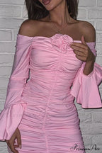 Off-Shoulder Dress with Flares Sleeves and Floral Gathered Design image 3