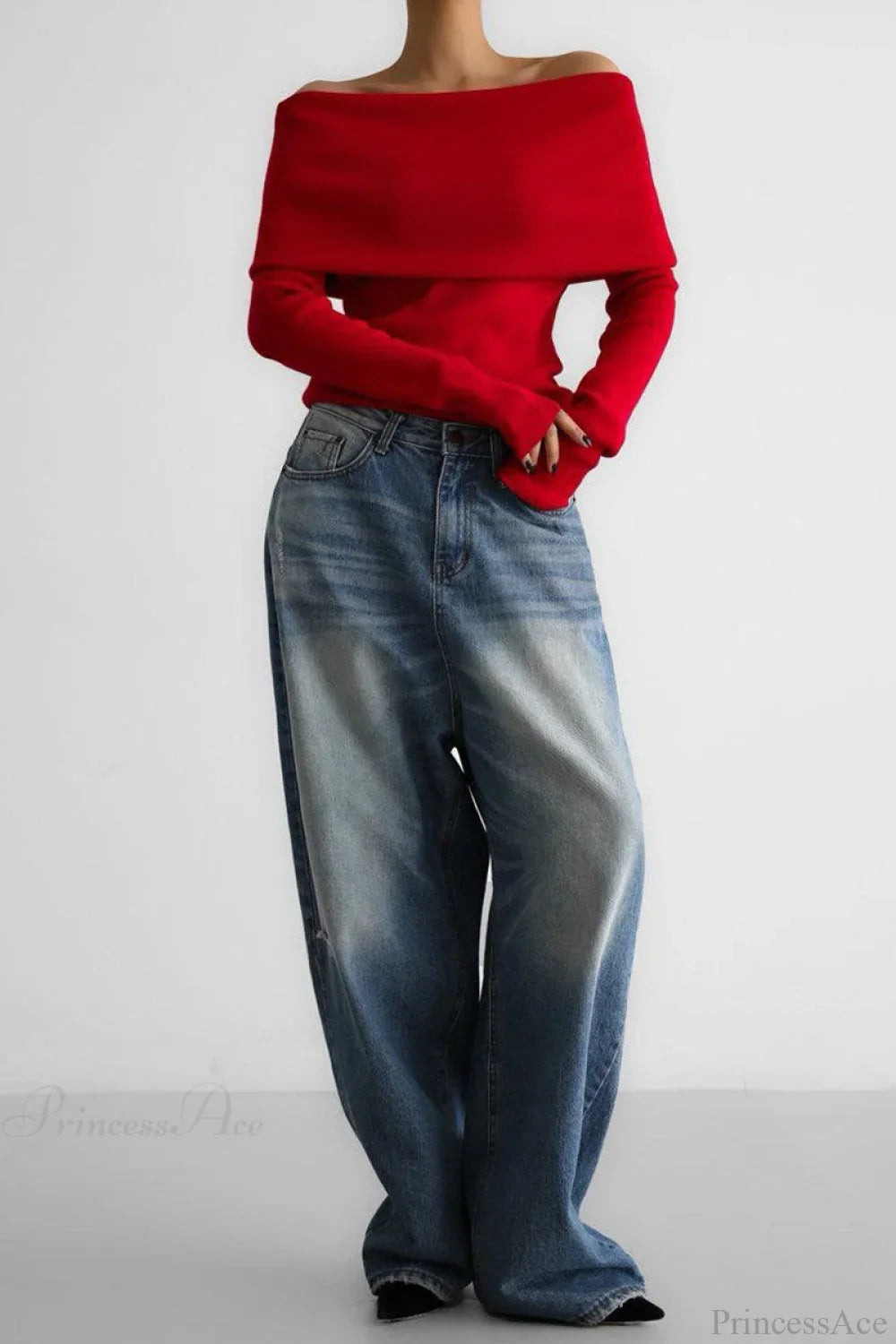 Off-Shoulder Fitted Long-Sleeve Knit Top image 3