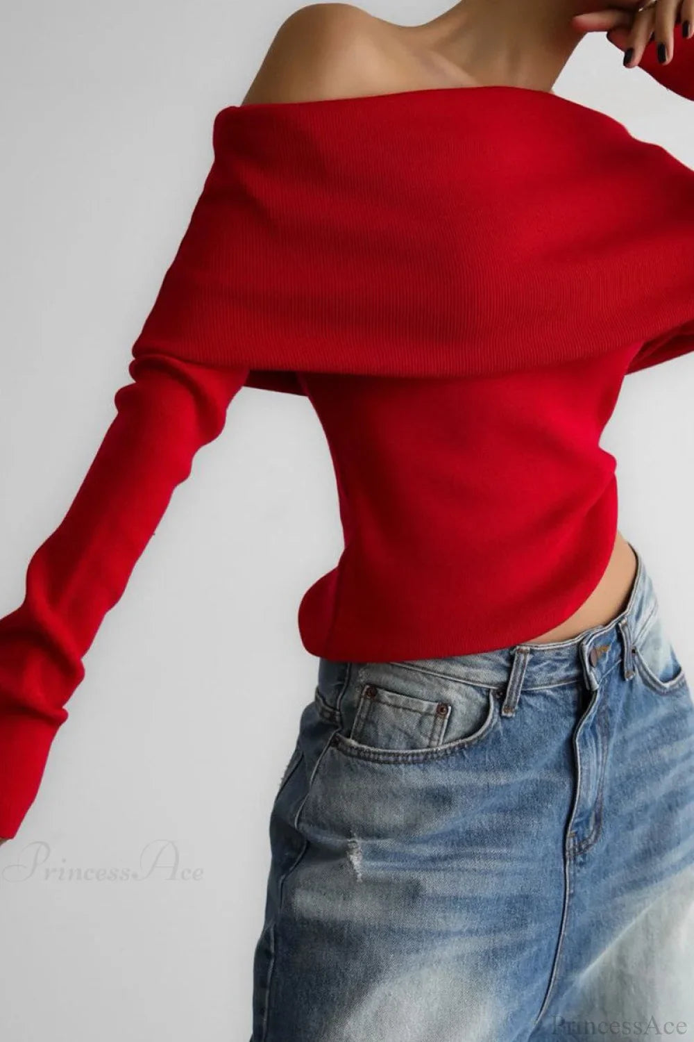 Off-Shoulder Fitted Long-Sleeve Knit Top image 2