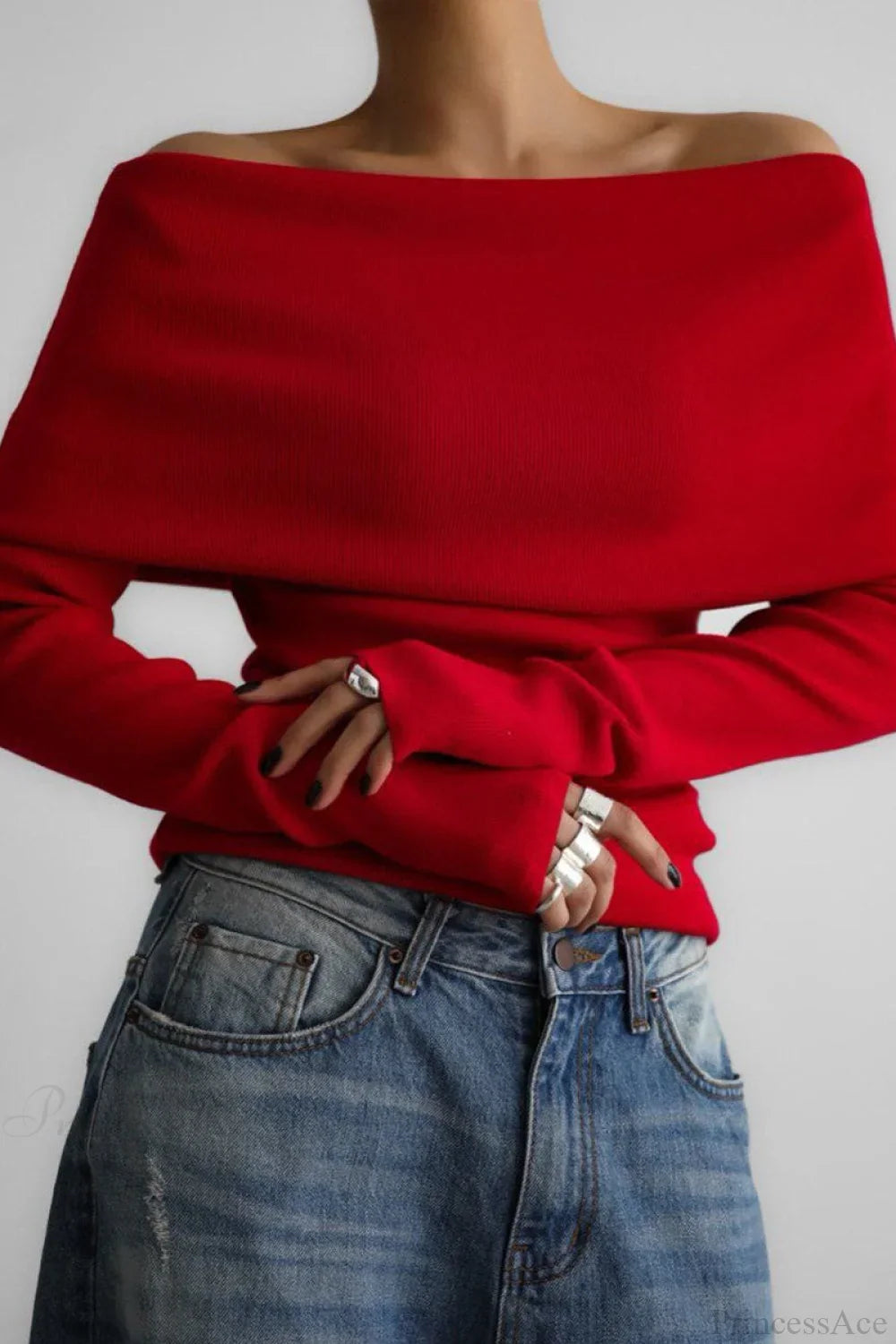 Off-Shoulder Fitted Long-Sleeve Knit Top image 1