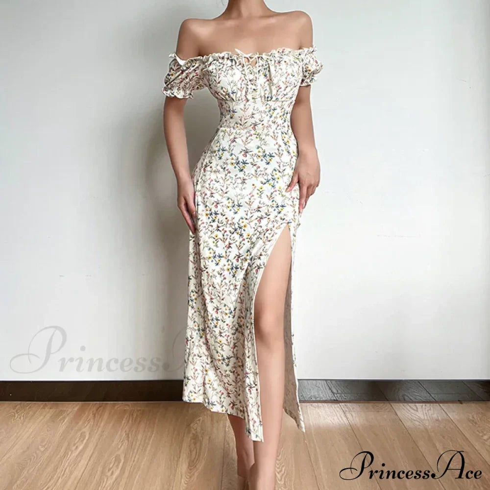 Off Shoulder Flower Print High Split Elegant Long Backless Bodycon Summer Floral Dress image 2