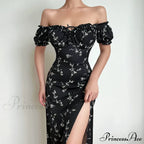 Off Shoulder Flower Print High Split Elegant Long Backless Bodycon Summer Floral Dress image 1