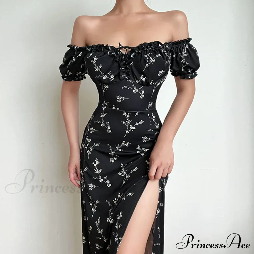 Off Shoulder Flower Print High Split Elegant Long Backless Bodycon Summer Floral Dress image 1
