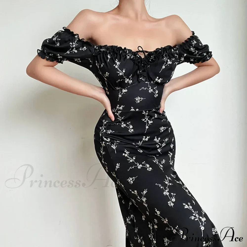 Off Shoulder Flower Print High Split Elegant Long Backless Bodycon Summer Floral Dress image 4