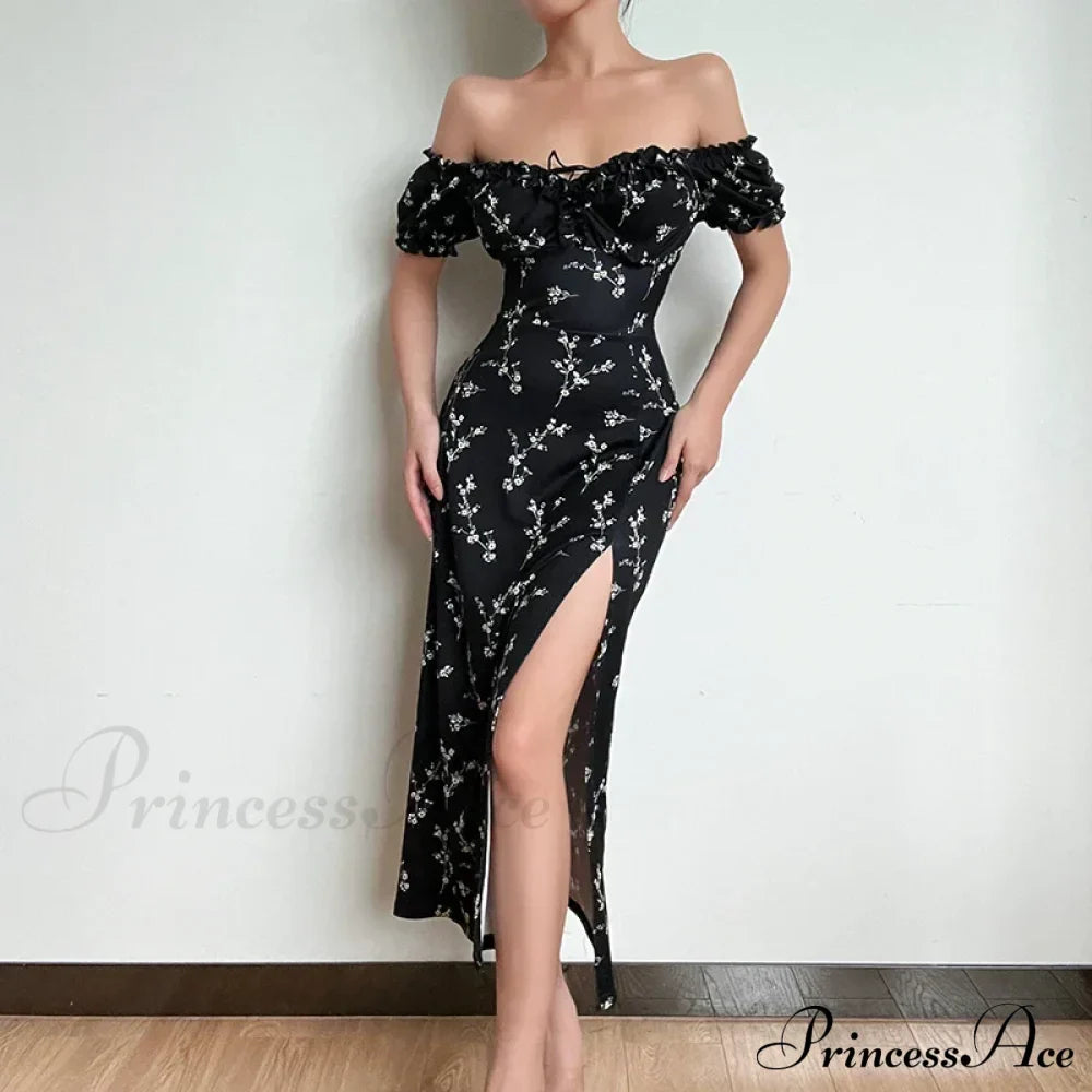 Off Shoulder Flower Print High Split Elegant Long Backless Bodycon Summer Floral Dress image 7