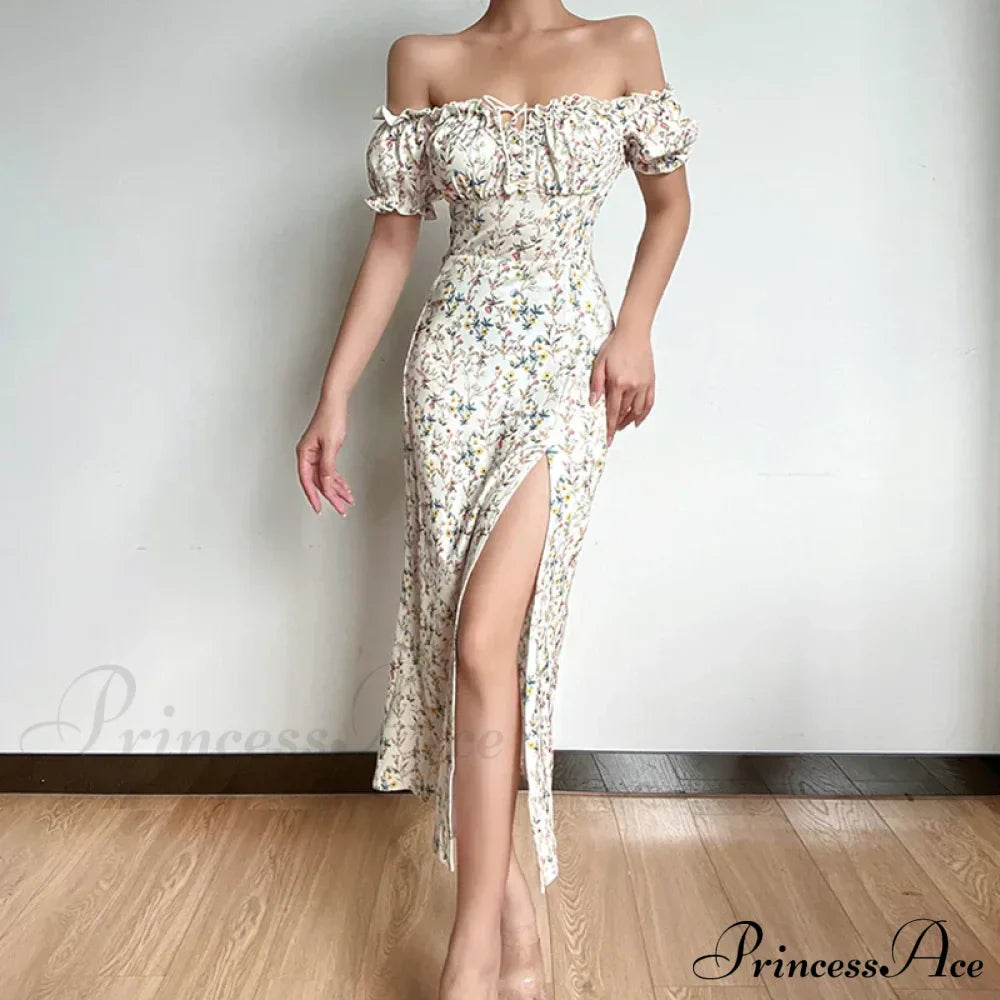 Off Shoulder Flower Print High Split Elegant Long Backless Bodycon Summer Floral Dress image 9