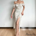 Off Shoulder Flower Print High Split Elegant Long Backless Bodycon Summer Floral Dress image 9