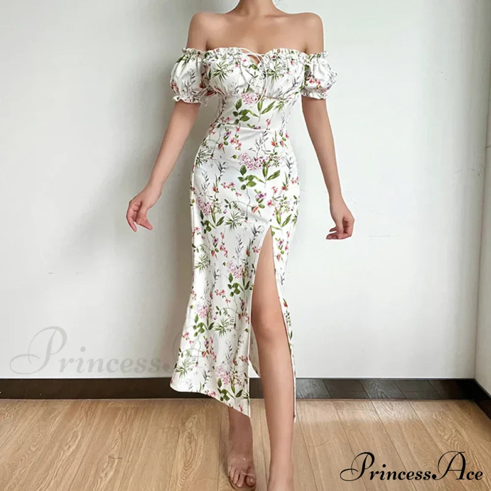 Off Shoulder Flower Print High Split Elegant Long Backless Bodycon Summer Floral Dress image 8