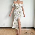 Off Shoulder Flower Print High Split Elegant Long Backless Bodycon Summer Floral Dress image 8