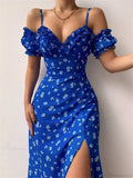 Off-Shoulder Frilly Suspender Short Sleeve Split Mid-Length A-Line Floral Dress image 5