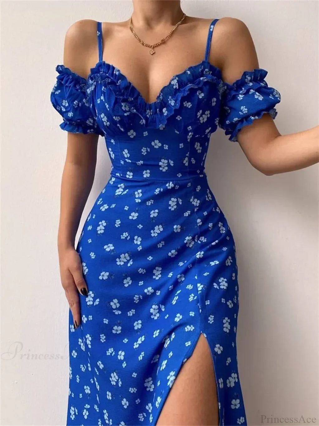 Off-Shoulder Frilly Suspender Short Sleeve Split Mid-Length A-Line Floral Dress image 4