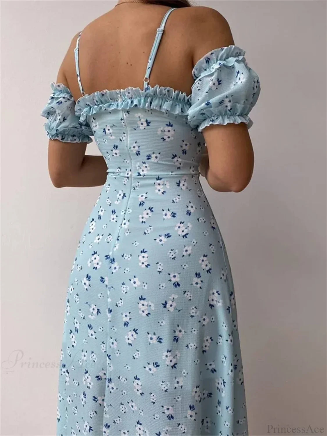 Off-Shoulder Frilly Suspender Short Sleeve Split Mid-Length A-Line Floral Dress image 3