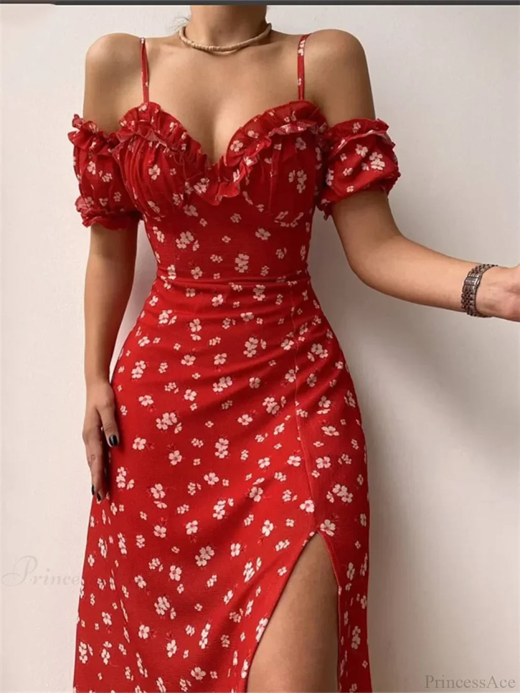 Off-Shoulder Frilly Suspender Short Sleeve Split Mid-Length A-Line Floral Dress image 1