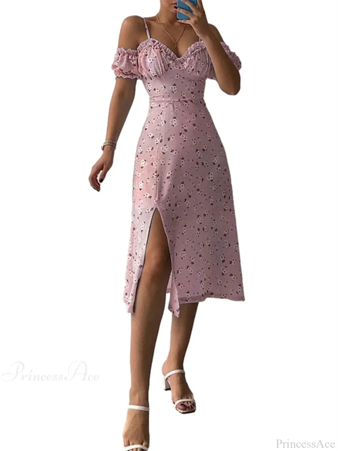 Off-Shoulder Frilly Suspender Short Sleeve Split Mid-Length A-Line Floral Dress image 6