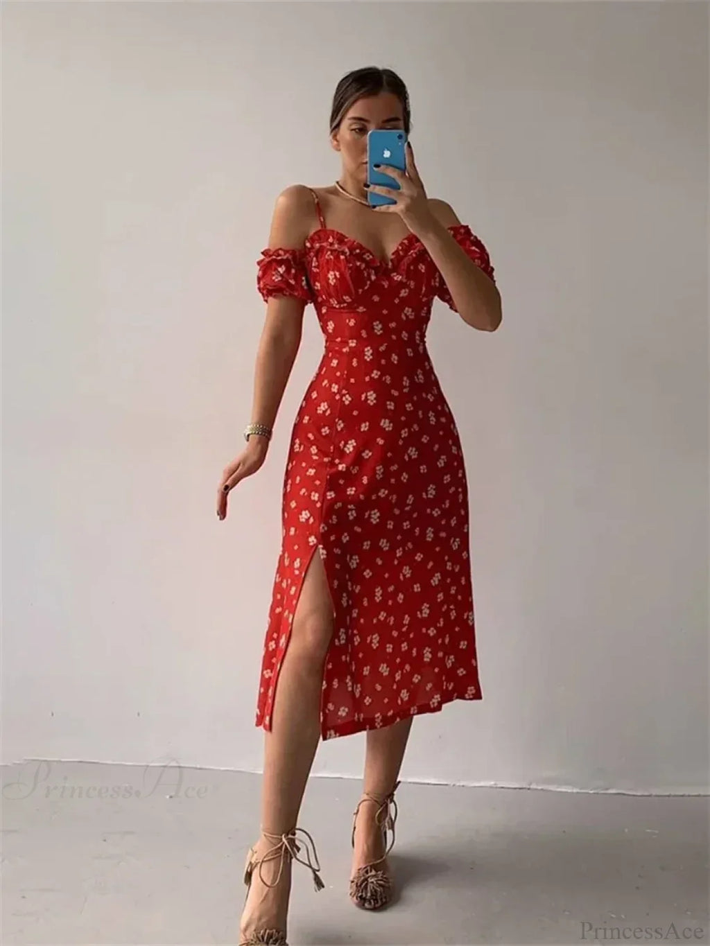 Off-Shoulder Frilly Suspender Short Sleeve Split Mid-Length A-Line Floral Dress image 7