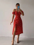 Off-Shoulder Frilly Suspender Short Sleeve Split Mid-Length A-Line Floral Dress image 7
