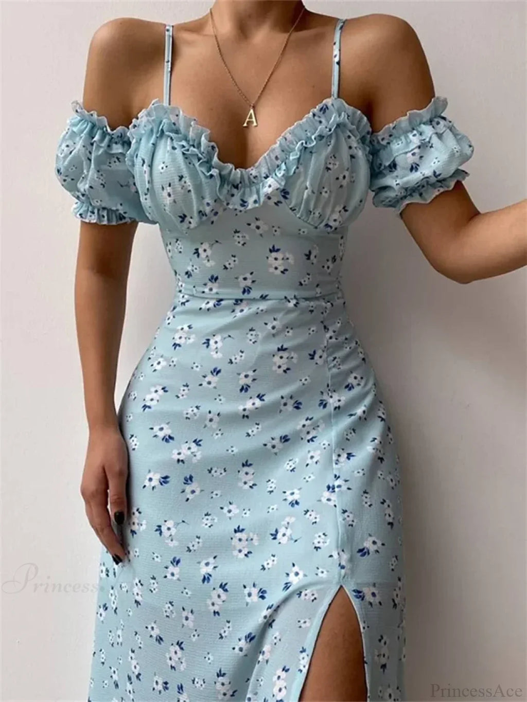 Off-Shoulder Frilly Suspender Short Sleeve Split Mid-Length A-Line Floral Dress image 2