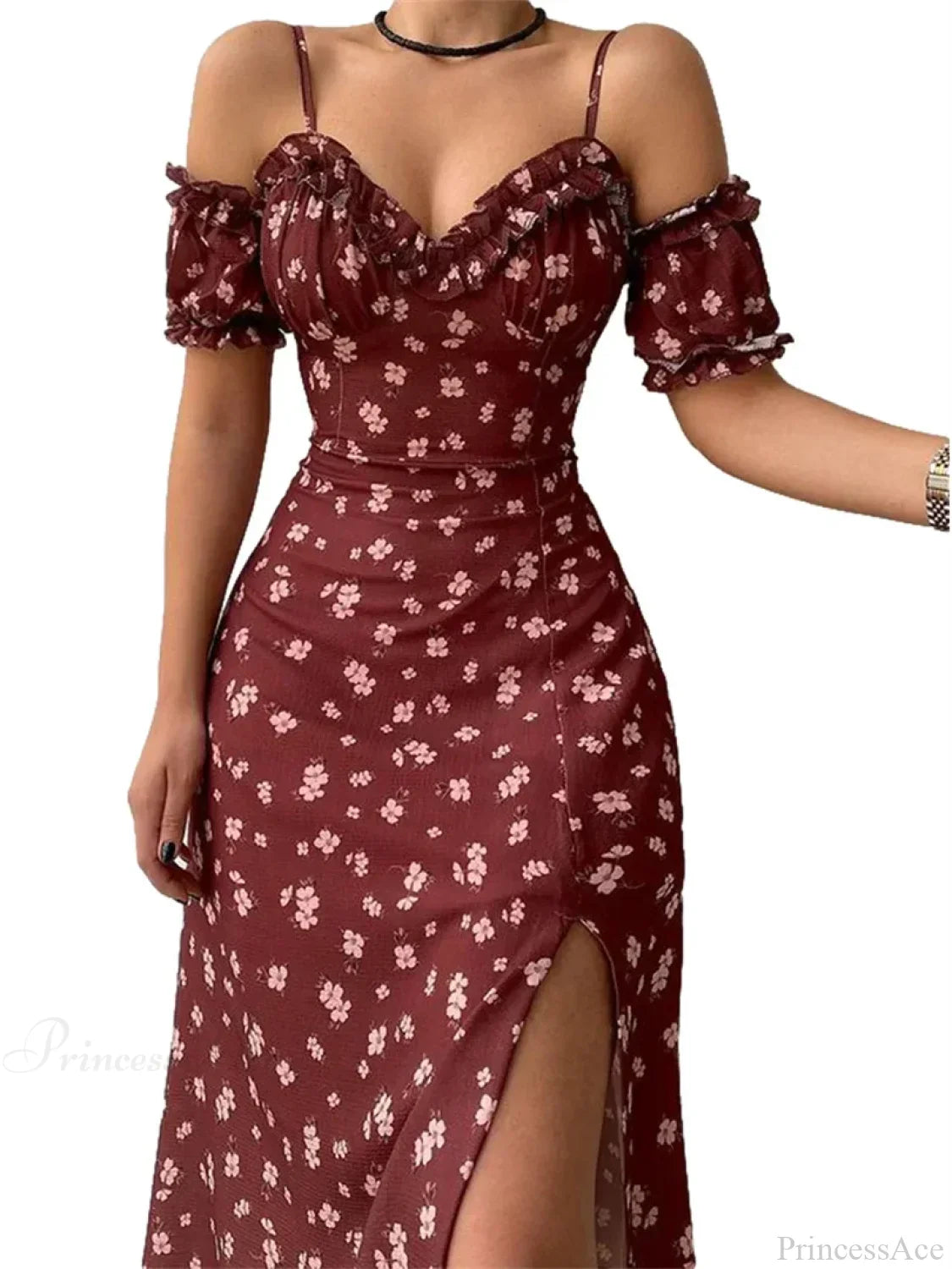Off-Shoulder Frilly Suspender Short Sleeve Split Mid-Length A-Line Floral Dress image 8