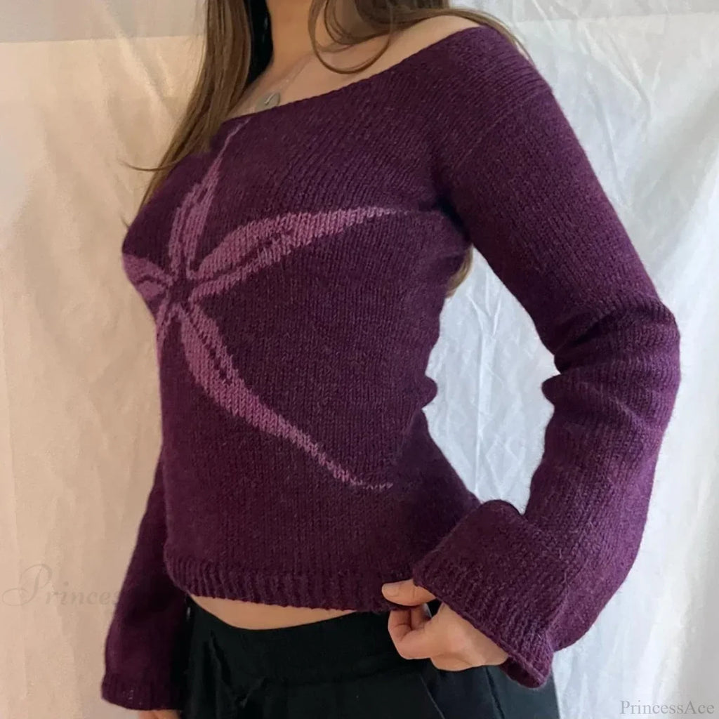 Off Shoulder Graphic Print Sweater Long Sleeve Knit Top Women image 2