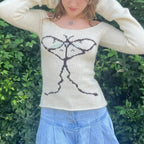 Off Shoulder Graphic Print Sweater Long Sleeve Knit Top Women image 4