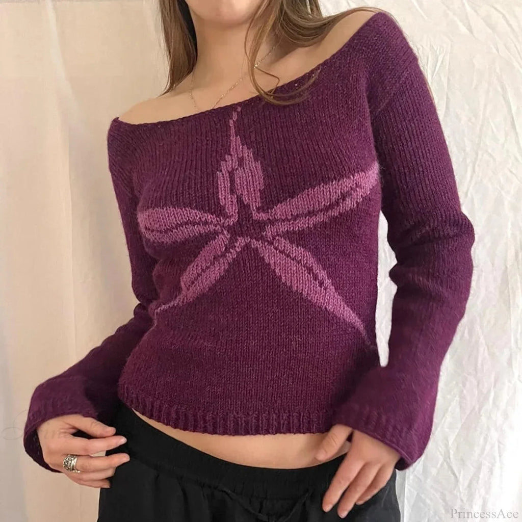 Off Shoulder Graphic Print Sweater Long Sleeve Knit Top Women image 1