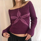 Off Shoulder Graphic Print Sweater Long Sleeve Knit Top Women image 1