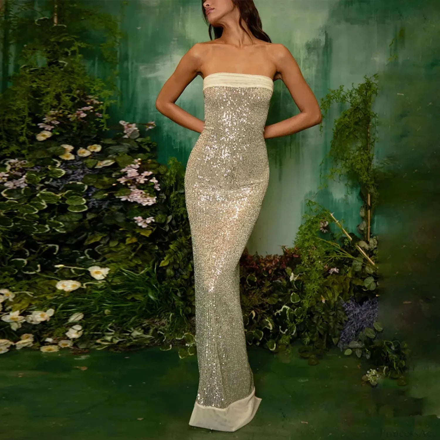 Off-shoulder High Split Sequin Party Dress image 1