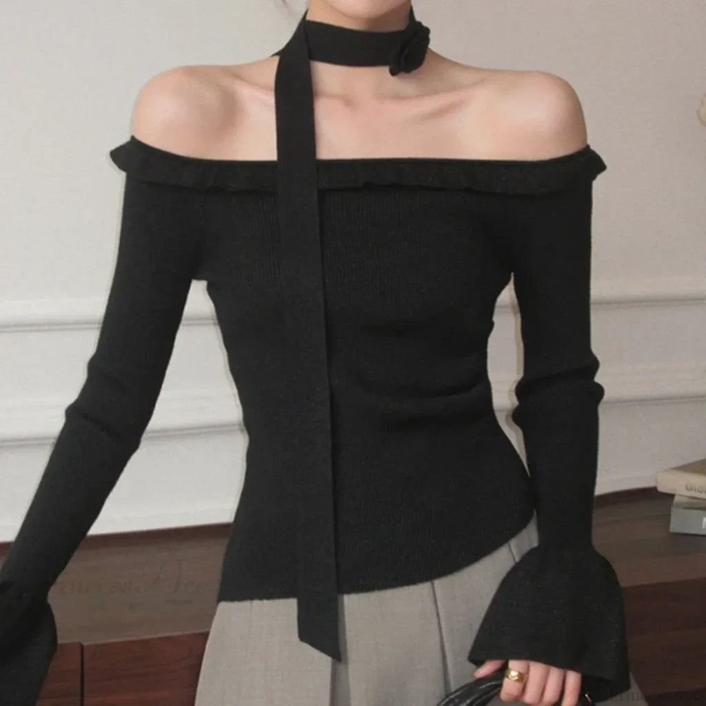 Off Shoulder Knit Crop Long Flare Sleeve Ruffle Trim Knit Top image 6